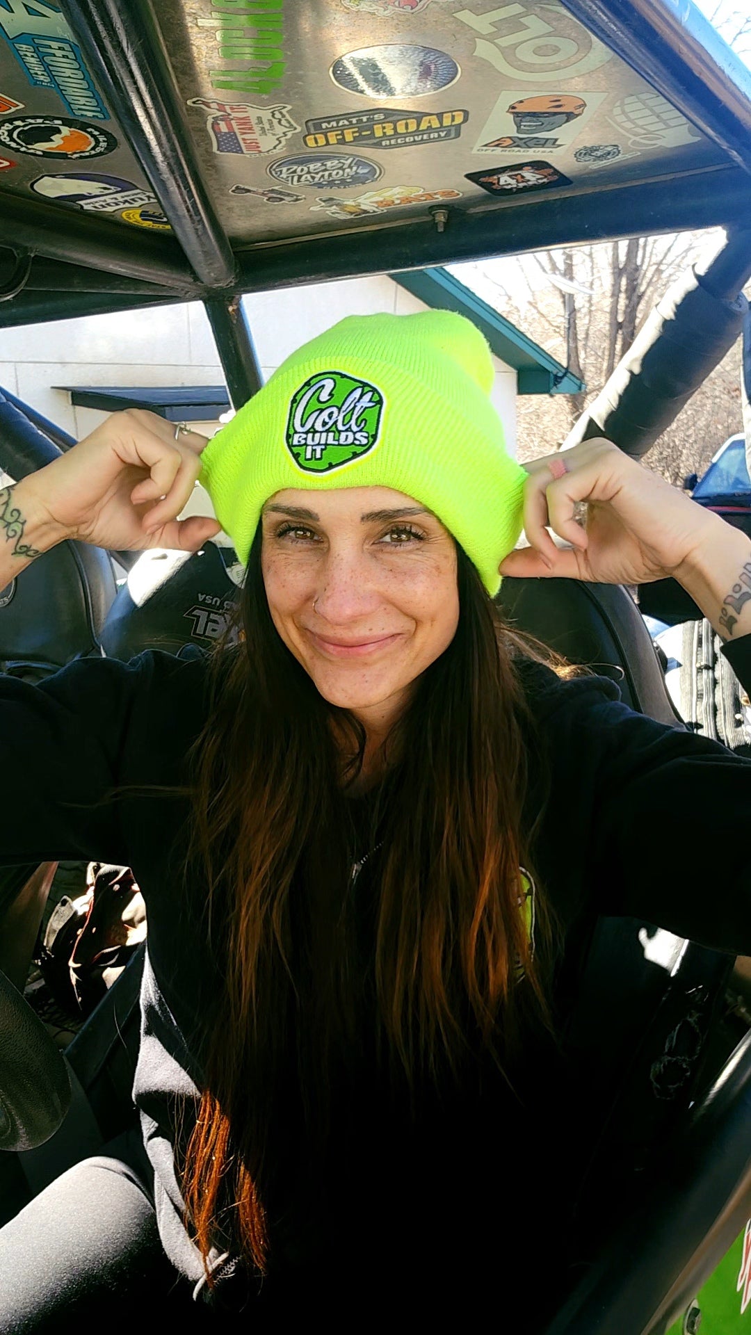 Colt Builds It green cuffed beanie with embroidered logo on fold-over hem