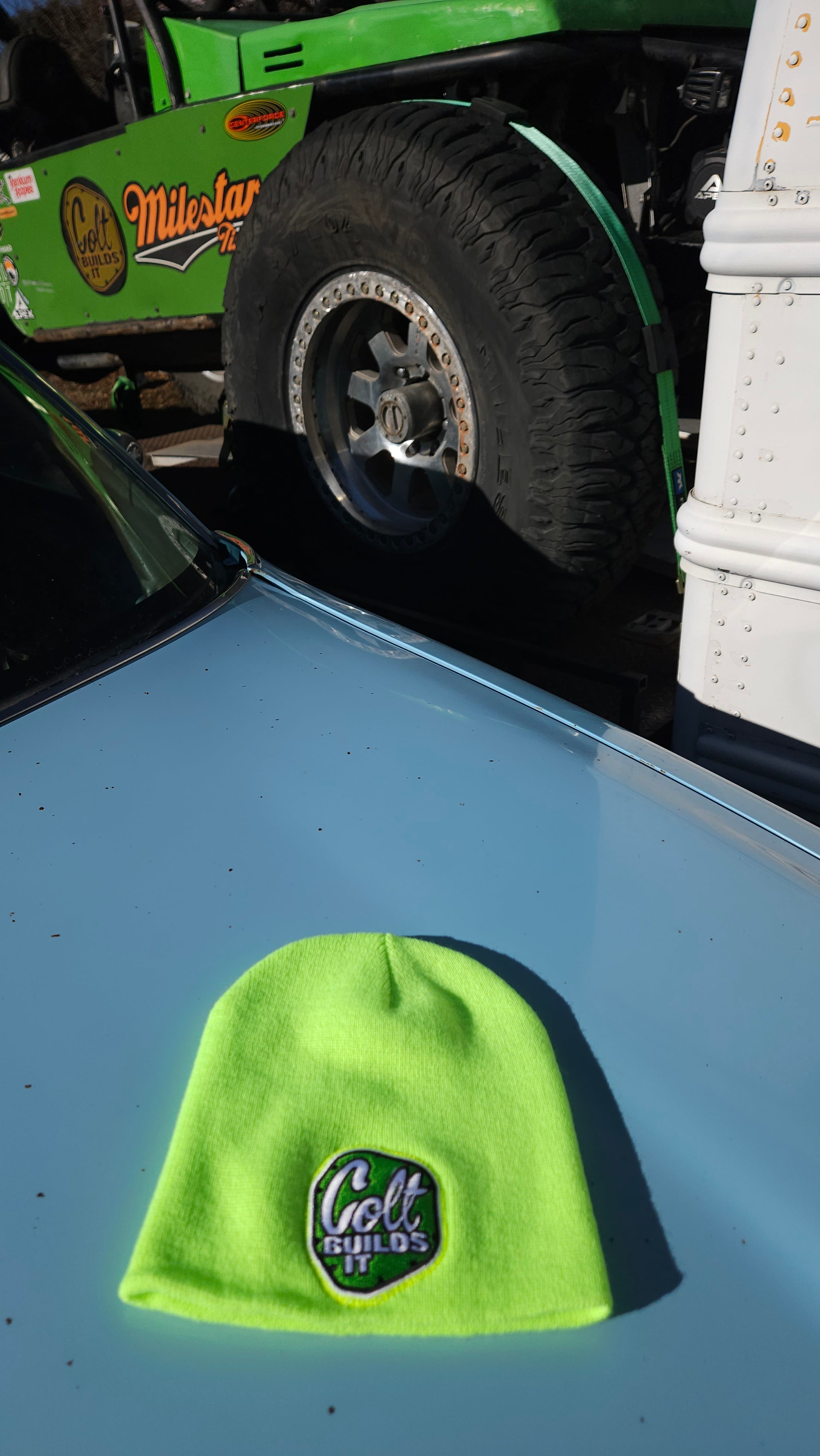 Colt Builds It green uncuffed knit beanie with embroidered logo
